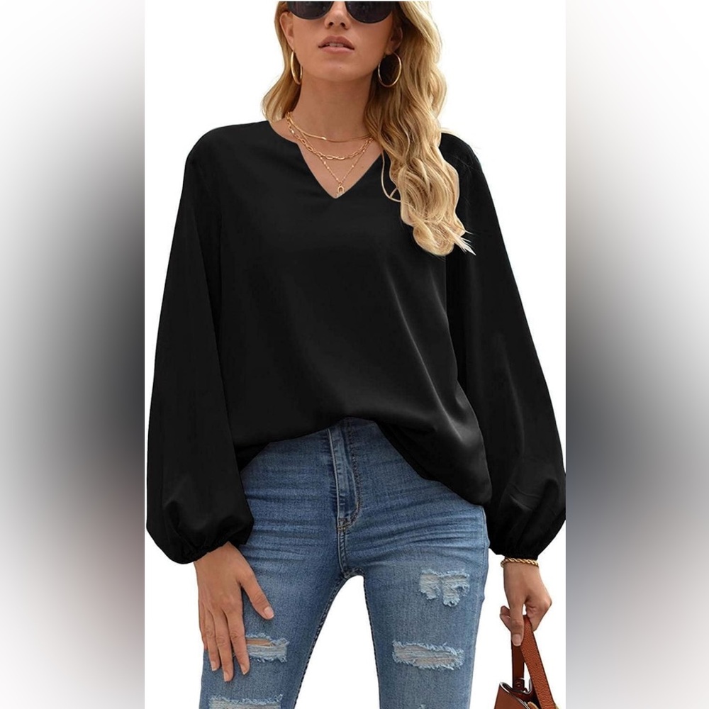 NWTs (XL) ELESOL Women's Black V-Neck Chiffon Balloon Sleeve Blouse (2132)